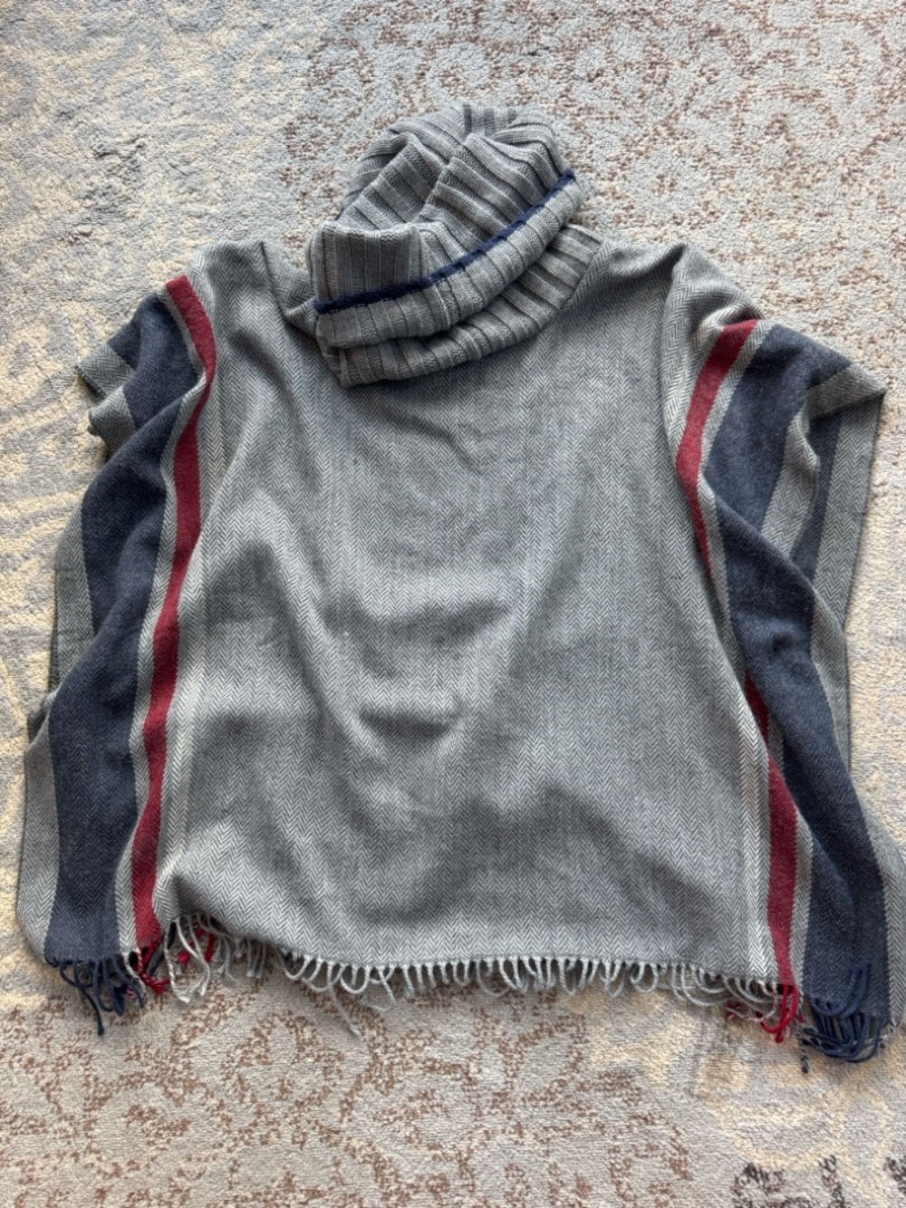 FRAAS Fold Over Turtleneck Poncho Sweater Gray Navy Red One Size